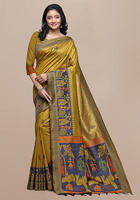 Yellow Kalamkari Woven Raw Silk Saree Set