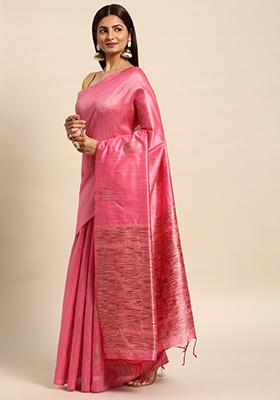 Baby Pink Woven Handloom Raw Silk Saree Set