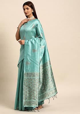 Blue Woven Handloom Raw Silk Saree Set