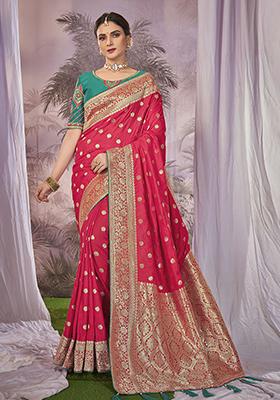Red Woven Banarasi Silk Saree Set