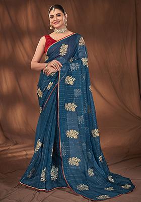 Blue Embroidered Soft Organza Saree Set