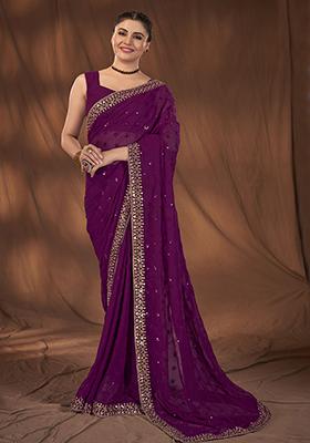 Wine Sequin Embroidered Georgette Saree Set