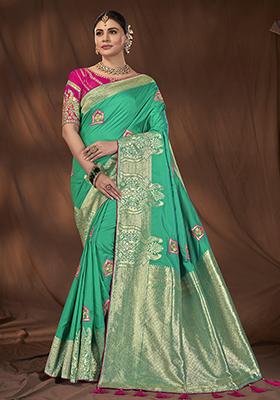 Green Woven Kanjivaram Silk Saree Set