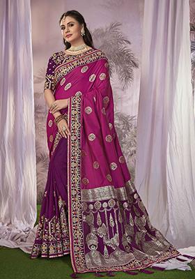 Deep Pink Woven Banarasi Silk Saree Set