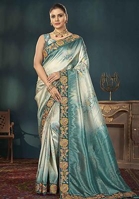 Sky Blue Digital Print Embroidered Kanjivaram Silk Saree Set