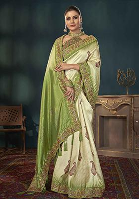Light Green Digital Print Embroidered Kanjivaram Silk Saree Set