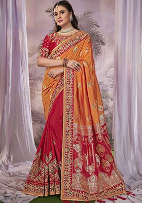 Orange Digital Print Embroidered Banarasi Silk Saree Set