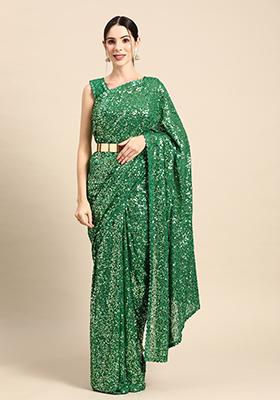 Green Sequin Embroidered Faux Georgette Saree Set