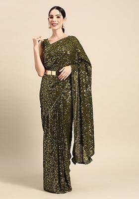 Olive Sequin Embroidered Faux Georgette Saree Set