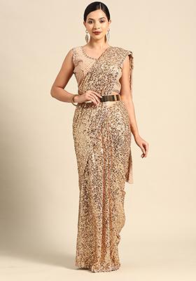 Beige Sequin Embroidered Faux Georgette Saree Set