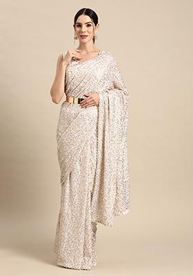 White Sequin Embroidered Faux Georgette Saree Set