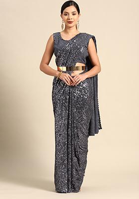 Grey Sequin Embroidered Faux Georgette Saree Set