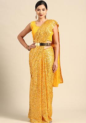 Yellow Sequin Embroidered Faux Georgette Saree Set