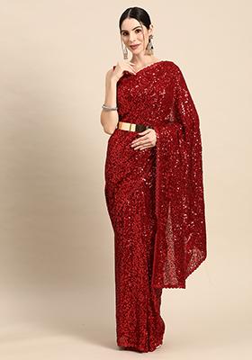 Red Sequin Embroidered Faux Georgette Saree Set