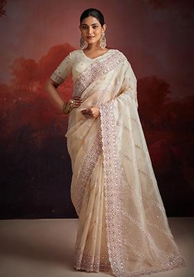 White Thread Sequin Embroidered Soft Net Saree Set