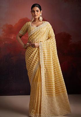 Mustard Thread Sequin Embroidered Organza Saree Set