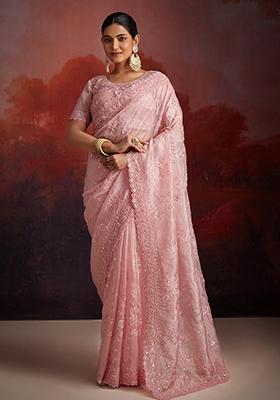 Peach Thread Sequin Embroidered Organza Saree Set