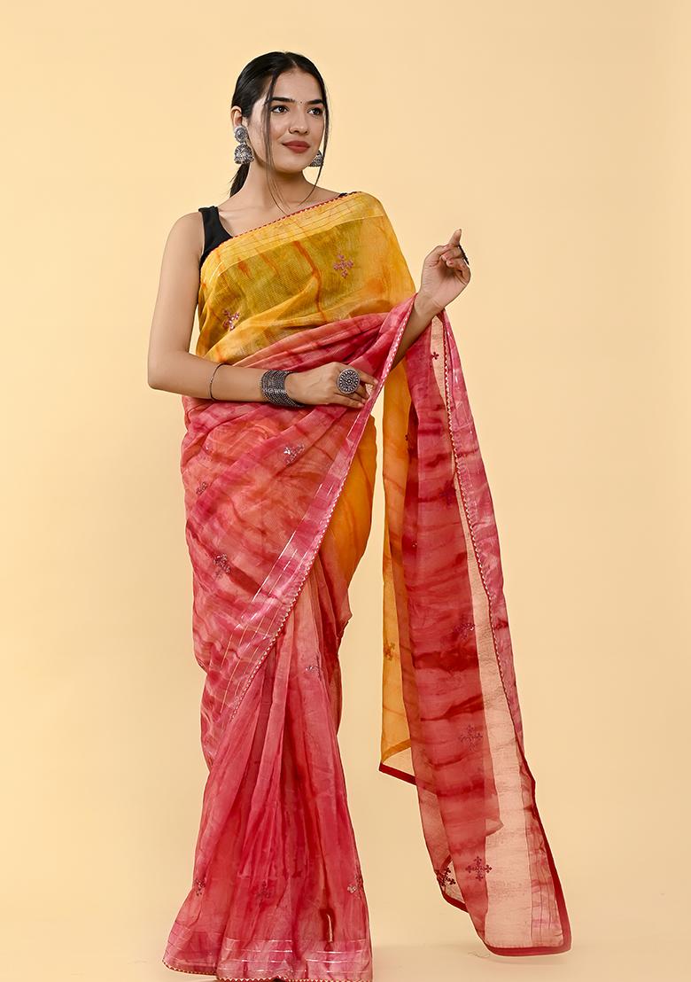 Orange And Pink Thread Sequin Embroidered Cotton Saree Set