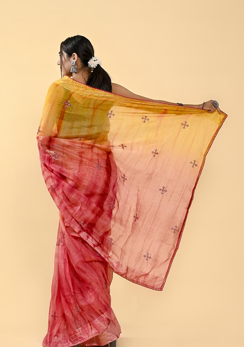 Orange And Pink Thread Sequin Embroidered Cotton Saree Set