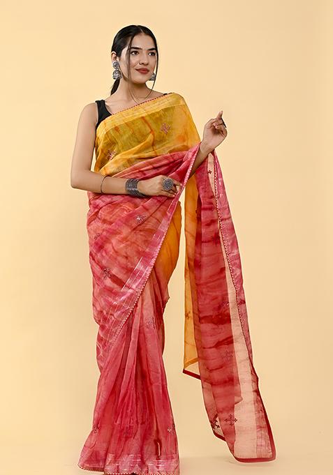 Orange And Pink Thread Sequin Embroidered Cotton Saree Set