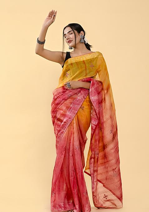 Orange And Pink Thread Sequin Embroidered Cotton Saree Set