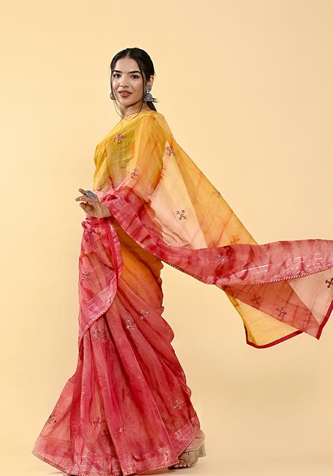 Orange And Pink Thread Sequin Embroidered Cotton Saree Set