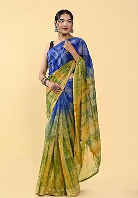Navy Blue And Green Thread Sequin Embroidered Cotton Saree Set