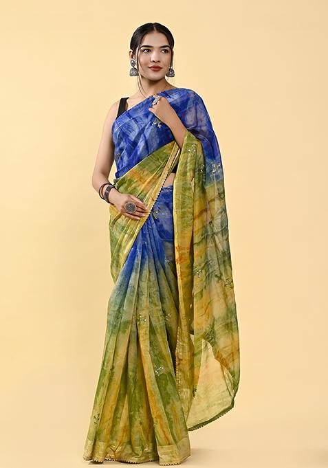 Navy Blue And Green Thread Sequin Embroidered Cotton Saree Set