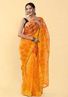 Orange And Mustard Thread Sequin Embroidered Cotton Saree Set