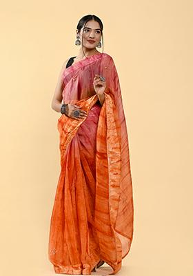 Pink And Orange Thread Sequin Embroidered Cotton Saree Set