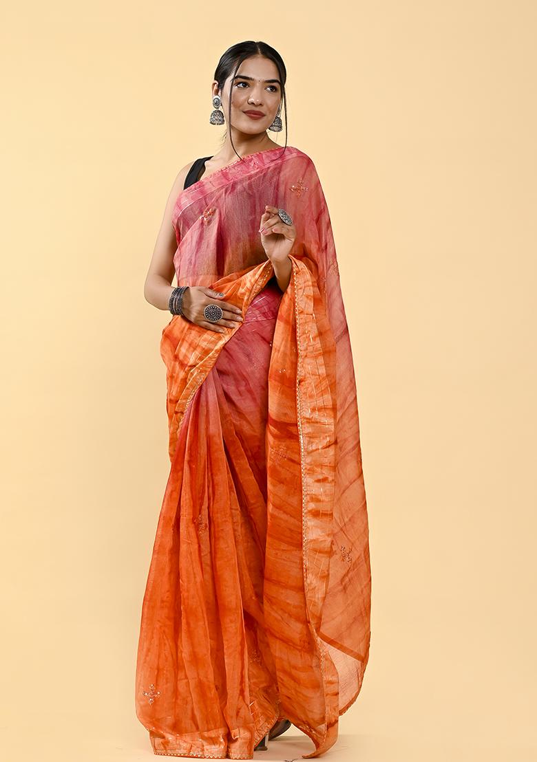 Pink And Orange Thread Sequin Embroidered Cotton Saree Set
