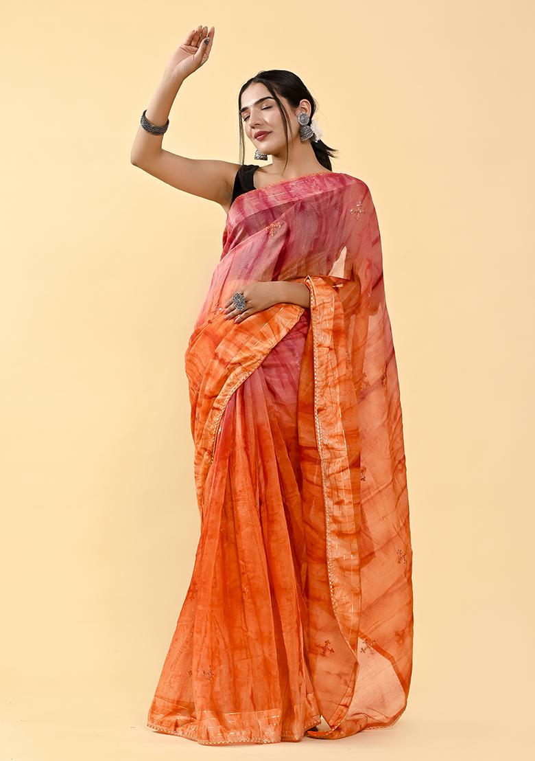 Pink And Orange Thread Sequin Embroidered Cotton Saree Set