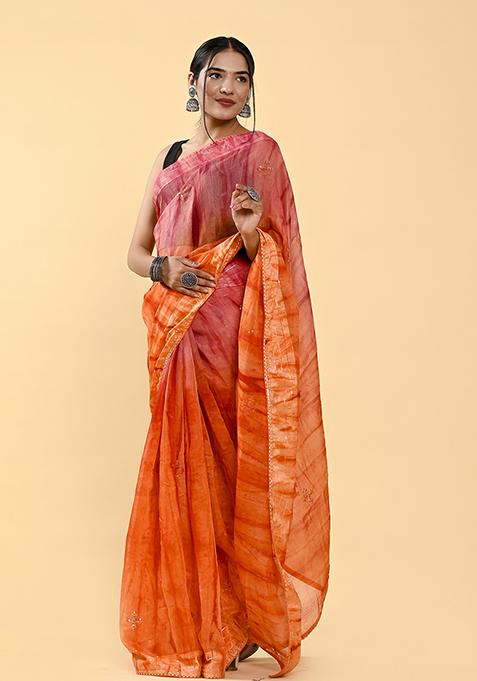 Pink And Orange Thread Sequin Embroidered Cotton Saree Set