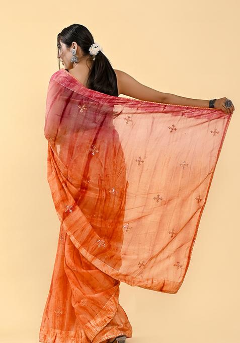 Pink And Orange Thread Sequin Embroidered Cotton Saree Set
