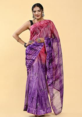 Pink And Wine Thread Sequin Embroidered Cotton Saree Set