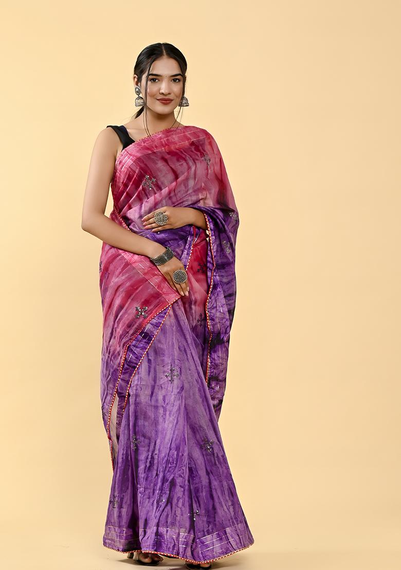 Pink And Wine Thread Sequin Embroidered Cotton Saree Set