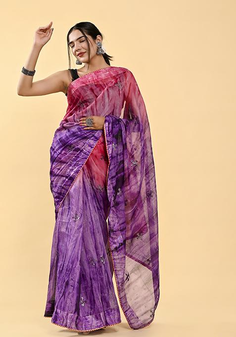 Pink And Wine Thread Sequin Embroidered Cotton Saree Set