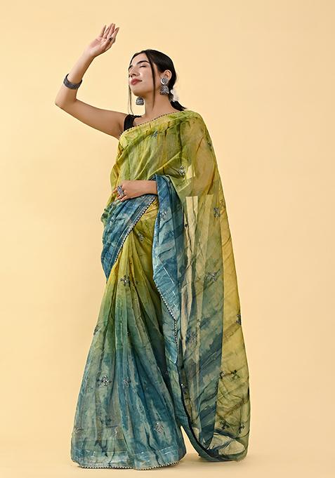 Green Thread Sequin Embroidered Cotton Saree Set