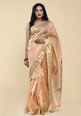 Peach Pearl Thread Embroidered Cotton Jacquard Saree Set
