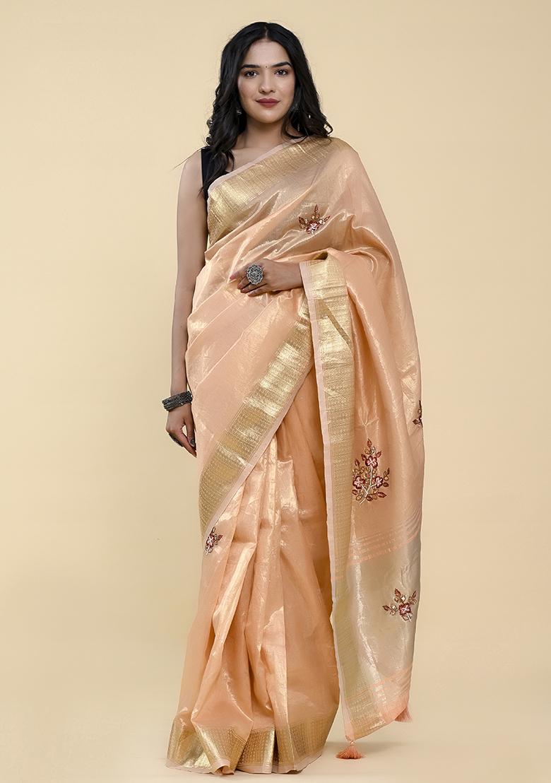 Peach Pearl Thread Embroidered Cotton Jacquard Saree Set