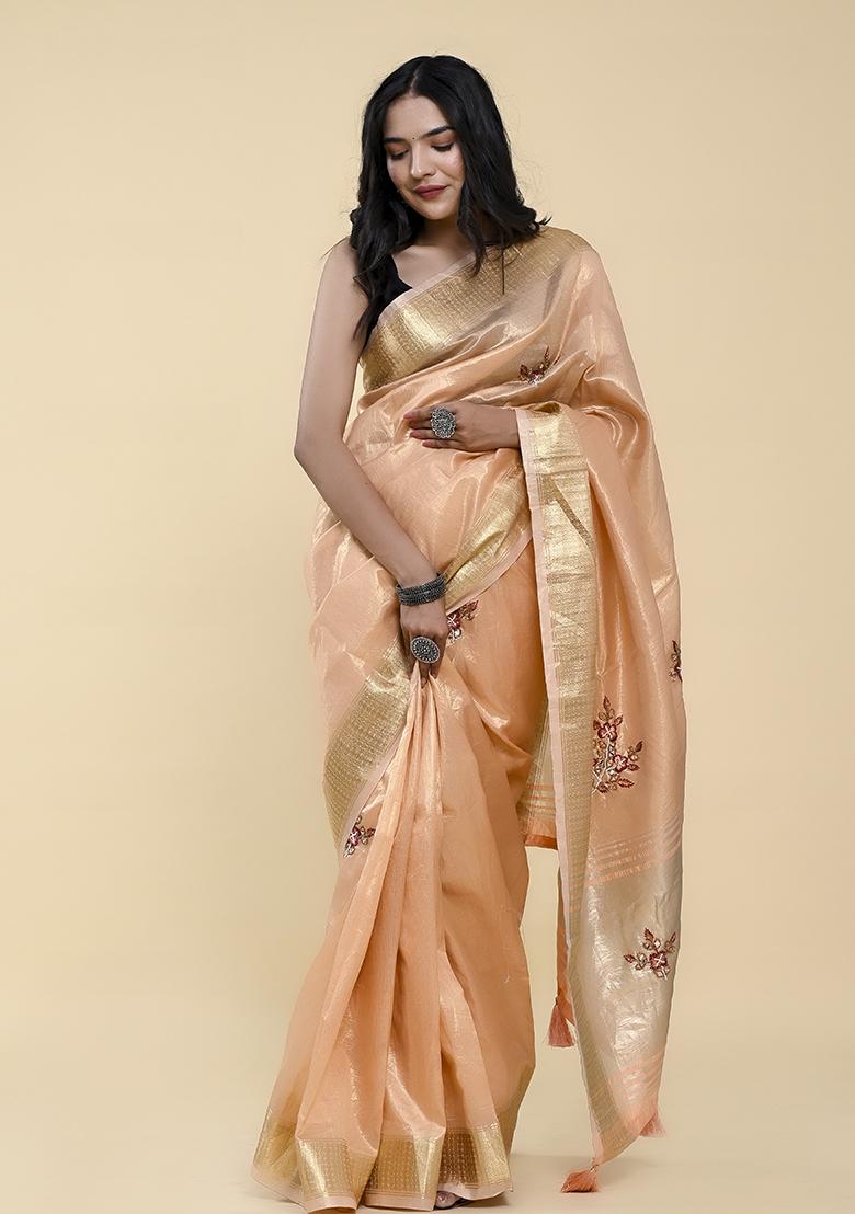 Peach Pearl Thread Embroidered Cotton Jacquard Saree Set