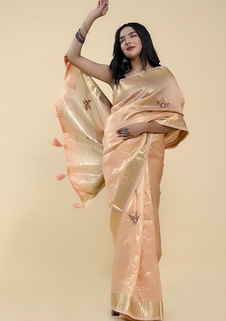 Peach Pearl Thread Embroidered Cotton Jacquard Saree Set