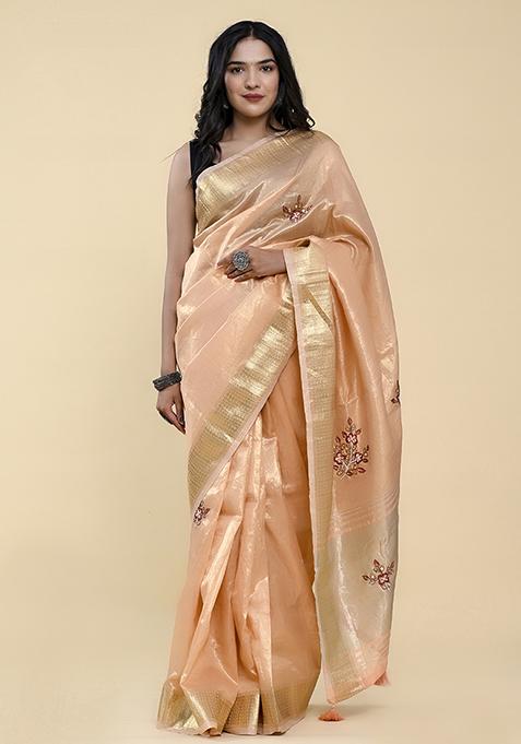 Peach Pearl Thread Embroidered Cotton Jacquard Saree Set