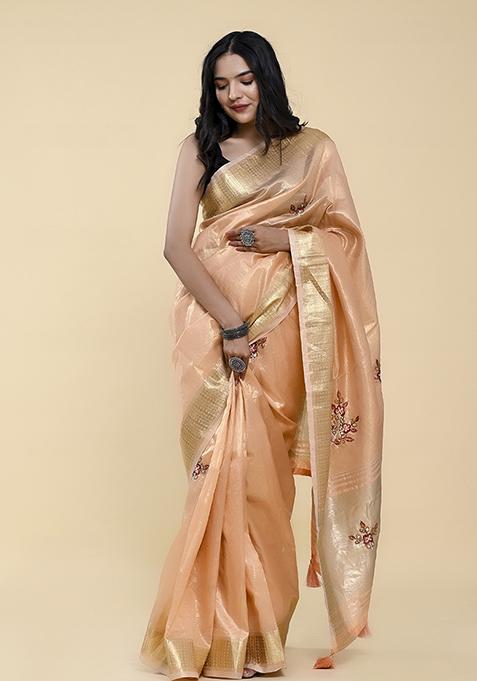 Peach Pearl Thread Embroidered Cotton Jacquard Saree Set
