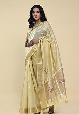 Butter Yellow Pearl Thread Embroidered Cotton Jacquard Saree Set