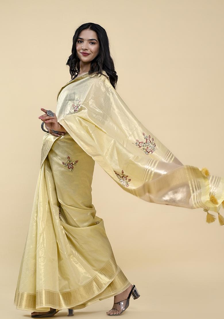 Butter Yellow Pearl Thread Embroidered Cotton Jacquard Saree Set