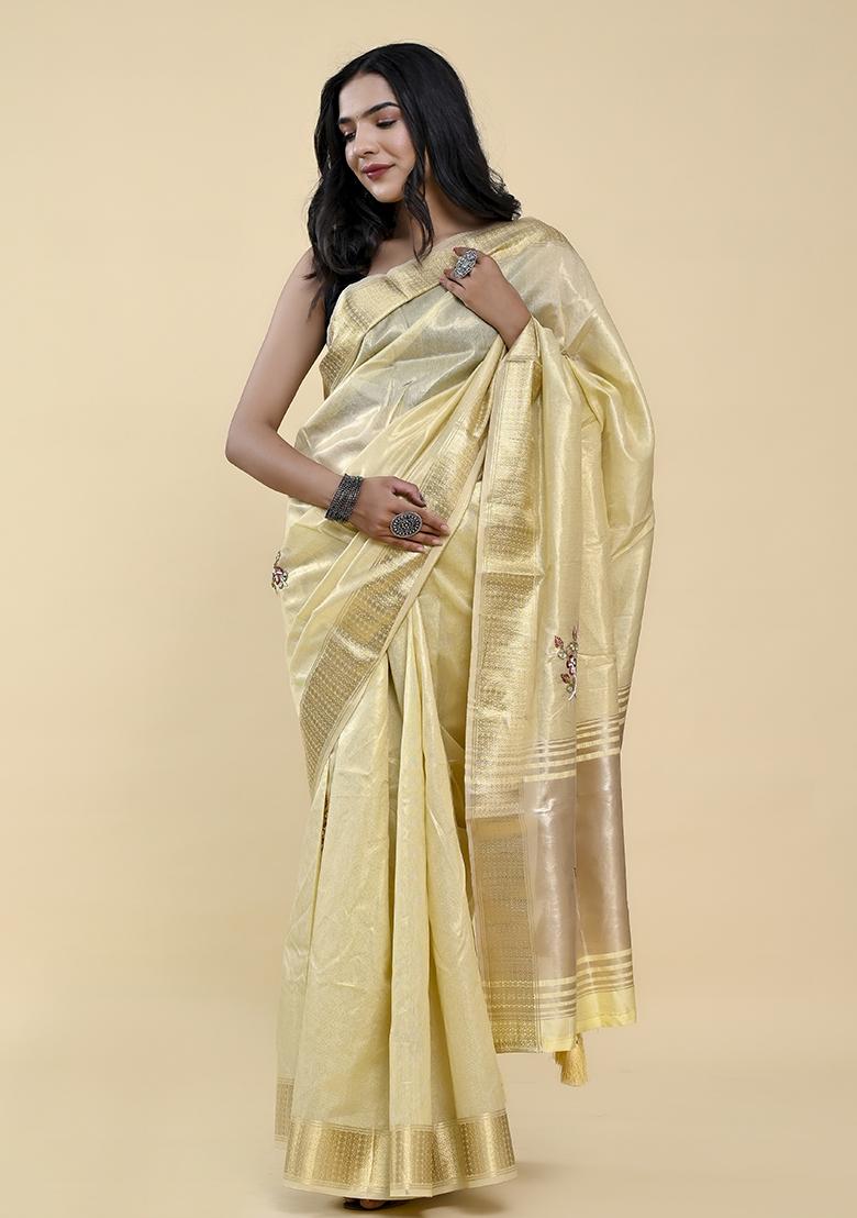 Butter Yellow Pearl Thread Embroidered Cotton Jacquard Saree Set