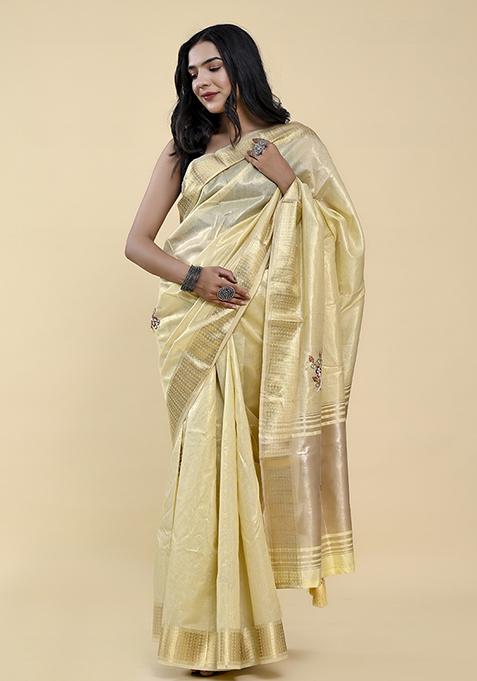 Butter Yellow Pearl Thread Embroidered Cotton Jacquard Saree Set