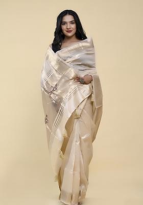 Cream Pearl Thread Embroidered Cotton Jacquard Saree Set