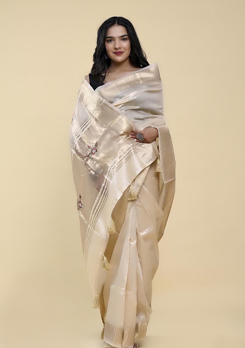 Cream Pearl Thread Embroidered Cotton Jacquard Saree Set